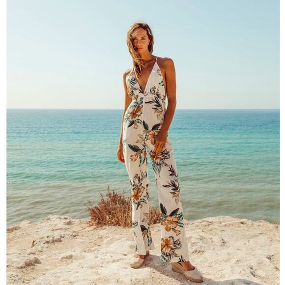 Le Salty Label Eden Floral V-Neck Plunge Wide Leg Backless Jumpsuit White XS - Picture 1 of 9